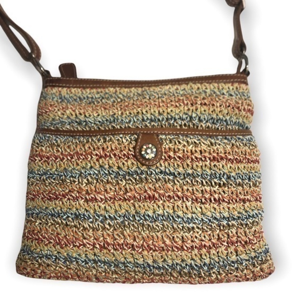 Brighton vintage multicolor wicker mesh messenger bag adjustable strap